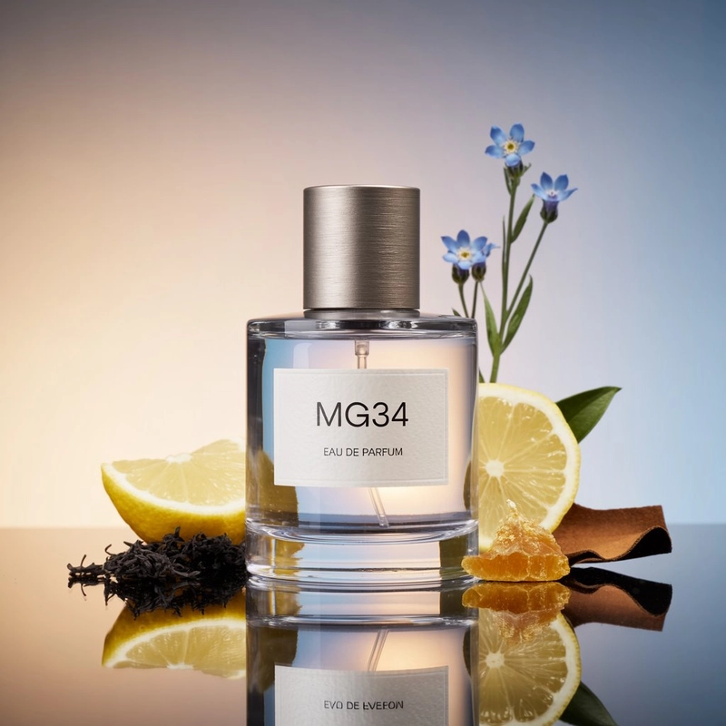 AI product photography: A professional studio product photograph of a crystal-clear glass perfume bottle with a brushed meta... - Generated with ideogram