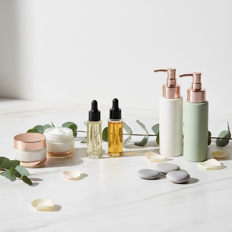 AI product photography: A clean, minimalist product photography setup featuring an elegant collection of skincare products a... - Generated with Gemini nano banana