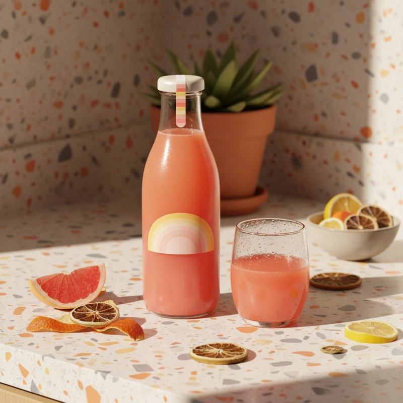 AI product photography: A vibrant product photography shot of a translucent coral bottle containing a citrus-açaí blend, pos... - Generated with Gemini nano banana
