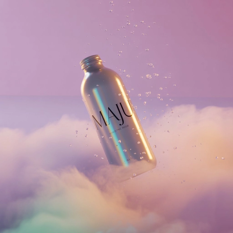AI product photography: A dreamy product photography shot of a sleek beverage bottle labeled "MAJU" floating weightlessly in... - Generated with ideogram