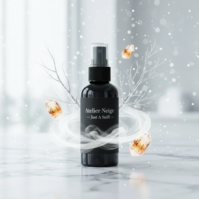 AI product photography: luxury product photography of a black 2 oz room spray bottle labeled “Atelier Neige – Just A Sniff”,... - Generated with Gemini nano banana