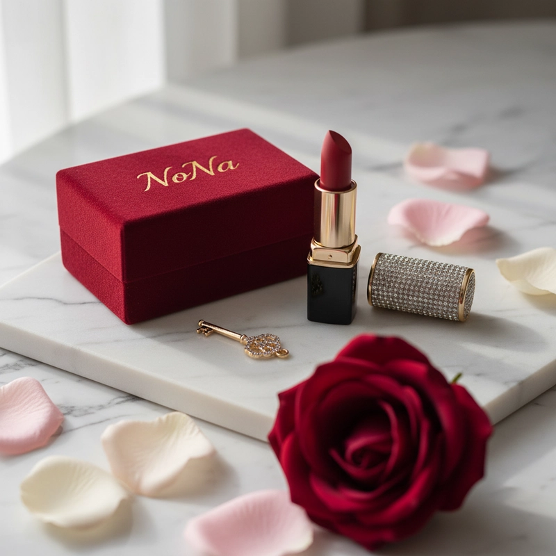 AI product photography: A luxurious still life photograph showcasing an elegant "NoNa" lipstick tube as the central focus, n... - Generated with Gemini nano banana