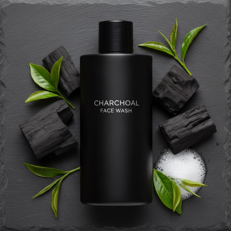 AI product photography: A photograph showcases a sleek black bottle of "Charcoal Face Wash" standing upright against a textu... - Generated with Gemini nano banana