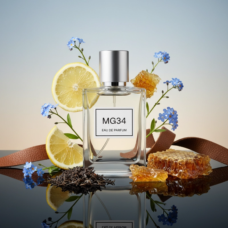 AI product photography: A professional studio product photograph of a crystal-clear glass perfume bottle with a brushed meta... - Generated with Gemini nano banana