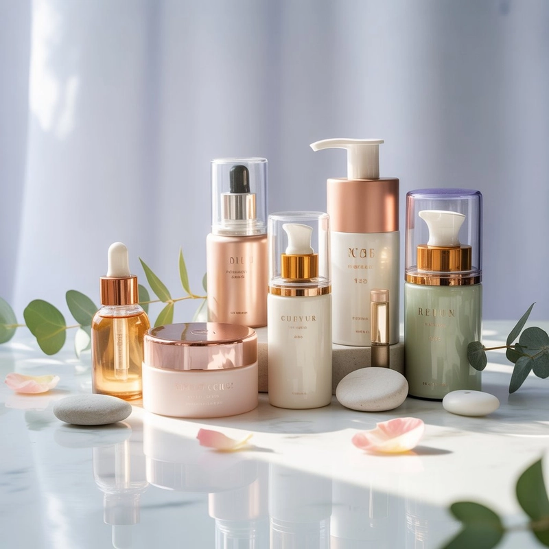 AI product photography: A clean, minimalist product photography setup featuring an elegant collection of skincare products a... - Generated with ideogram