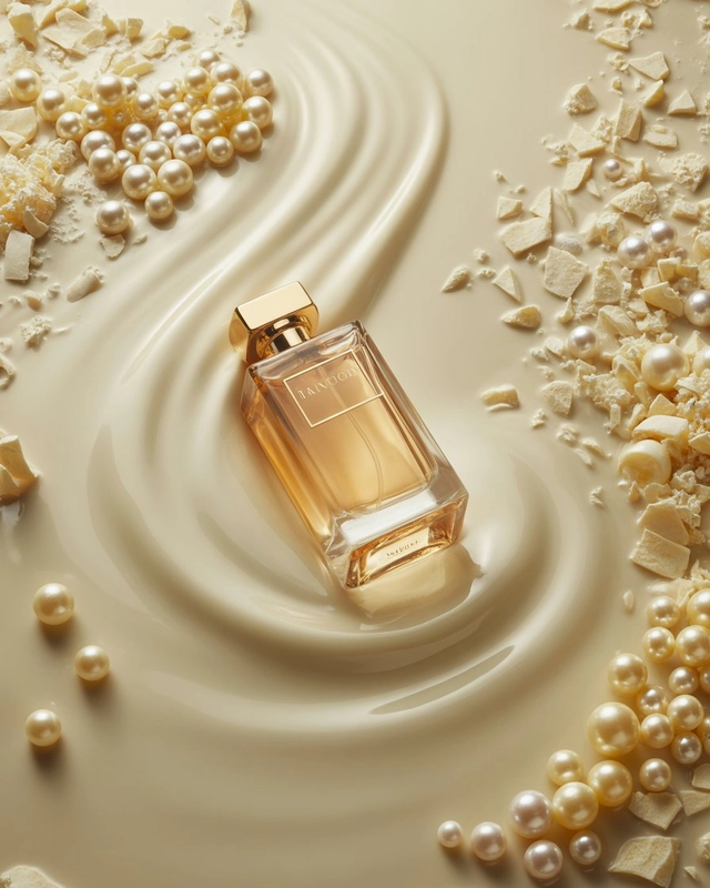 AI product photography: A high-end commercial studio photograph of an elegant perfume bottle floating gracefully in a flowin... - Generated with ideogram