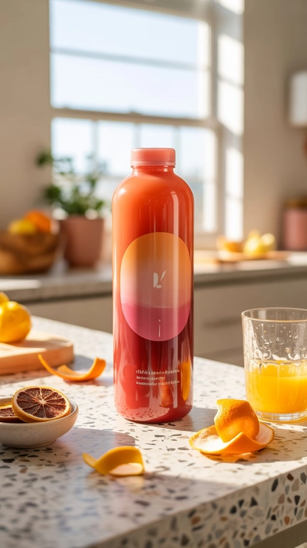 AI product photography: A vibrant product photography shot of a translucent coral bottle containing a citrus-açaí blend, pos... - Generated with ideogram