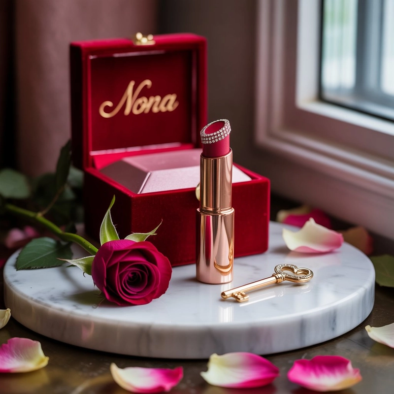 AI product photography: A luxurious still life photograph showcasing an elegant "NoNa" lipstick tube as the central focus, n... - Generated with ideogram