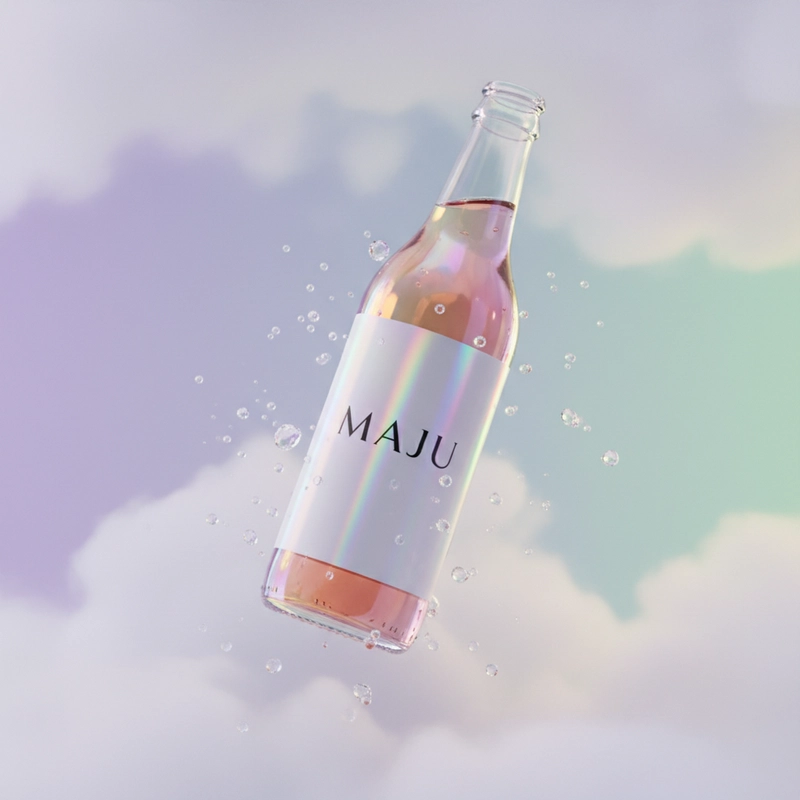 AI product photography: A dreamy product photography shot of a sleek beverage bottle labeled "MAJU" floating weightlessly in... - Generated with Gemini nano banana
