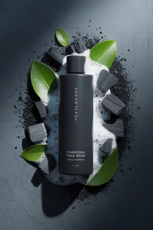 AI product photography: A photograph showcases a sleek black bottle of "Charcoal Face Wash" standing upright against a textu... - Generated with ideogram